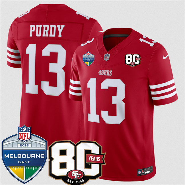 Men's Red San Francisco 49ers #13 Brock Purdy 80th Anniversary And Melbourne Game Patch 2026 F.U.S.E. Vapor Untouchabl2026 F.U.S.E. Vapor Untouchable Limited Stitched Football Jersey